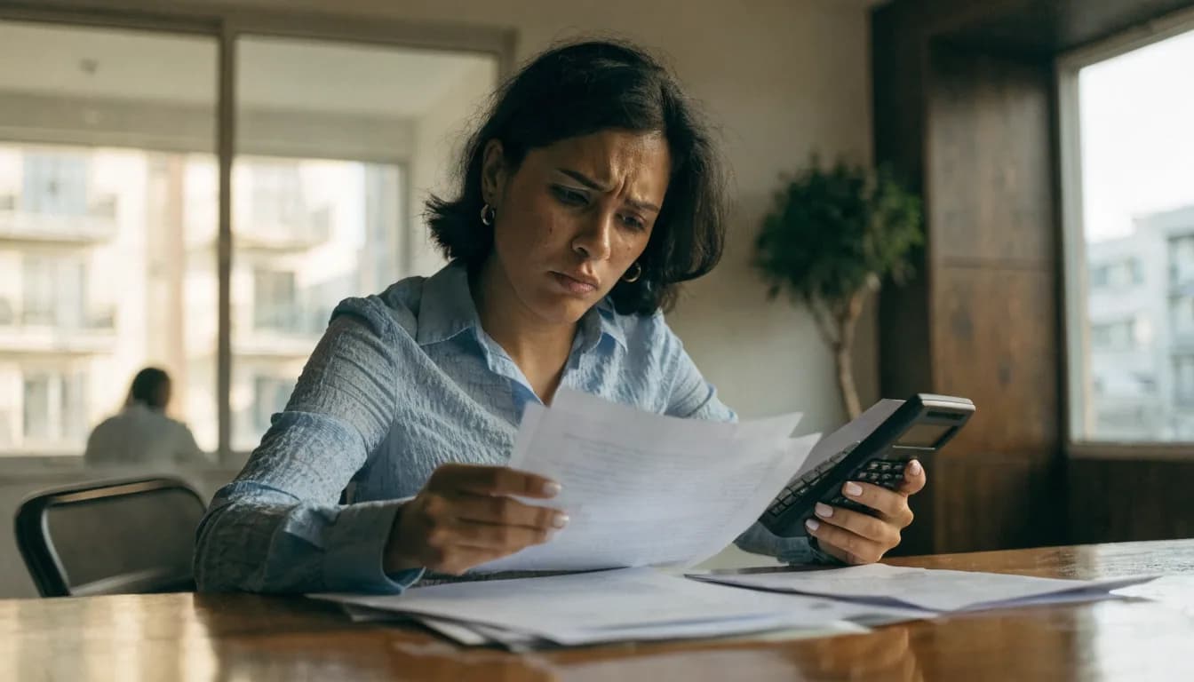 Mujer joven dominicana revisando documentos financieros en oficina inmobiliaria con expresión concentrada y calculadora sobre el escritorio