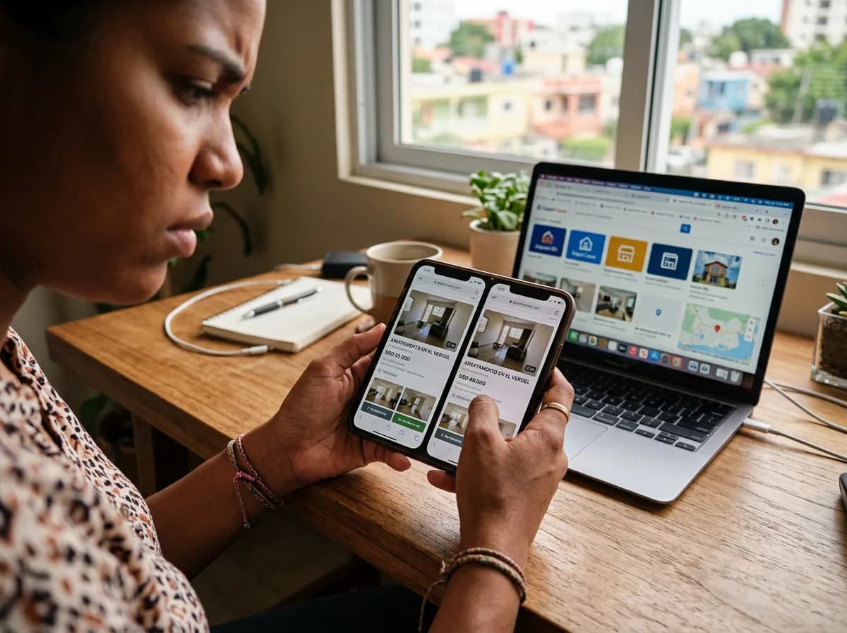 Manos de compradora dominicana comparando diferentes precios de la misma propiedad en su teléfono móvil