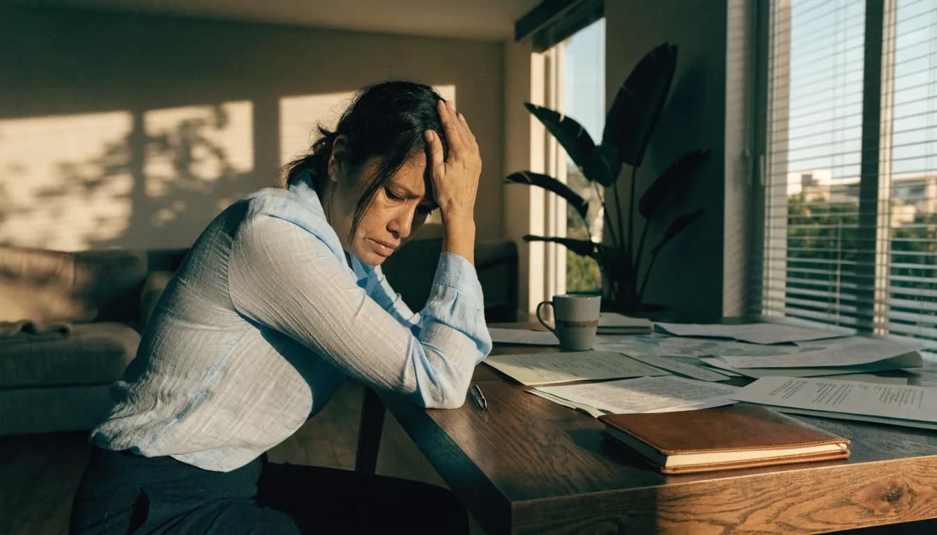 Mujer dominicana revisando documentos inmobiliarios con expresión preocupada en una mesa de su apartamento, representando las víctimas de estafas inmobiliarias