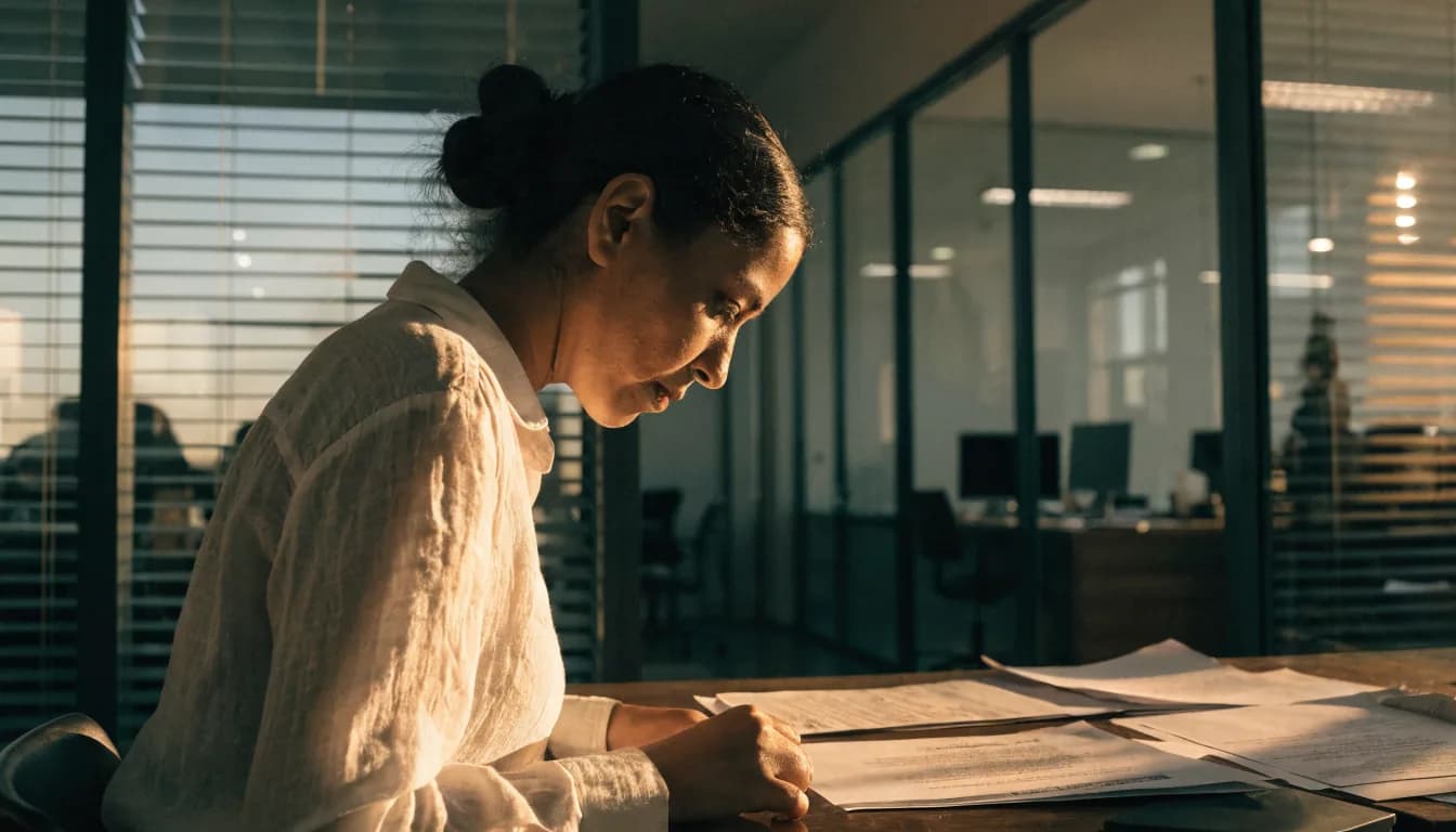 Mujer dominicana revisando documentos en oficina moderna, verificando información de agente inmobiliario antes de comprar propiedad