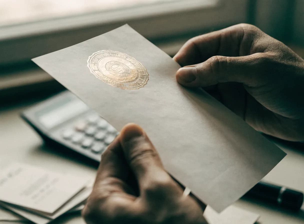 Manos sosteniendo licencia oficial de agente inmobiliario dominicano con sello gubernamental, documentos de verificación profesional