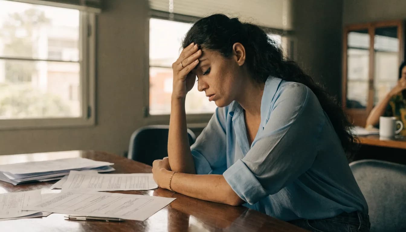 Mujer dominicana preocupada revisando documentos de compra de vivienda en oficina inmobiliaria