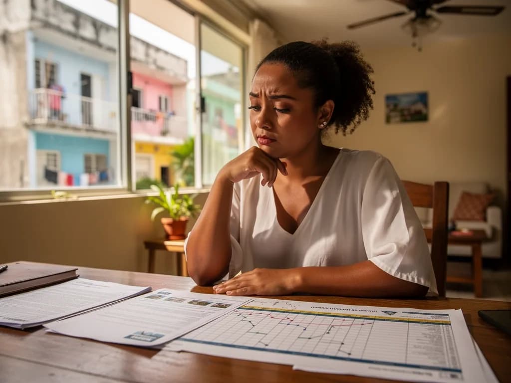Mujer dominicana revisando documentos del proceso de compra inmobiliaria en su apartamento