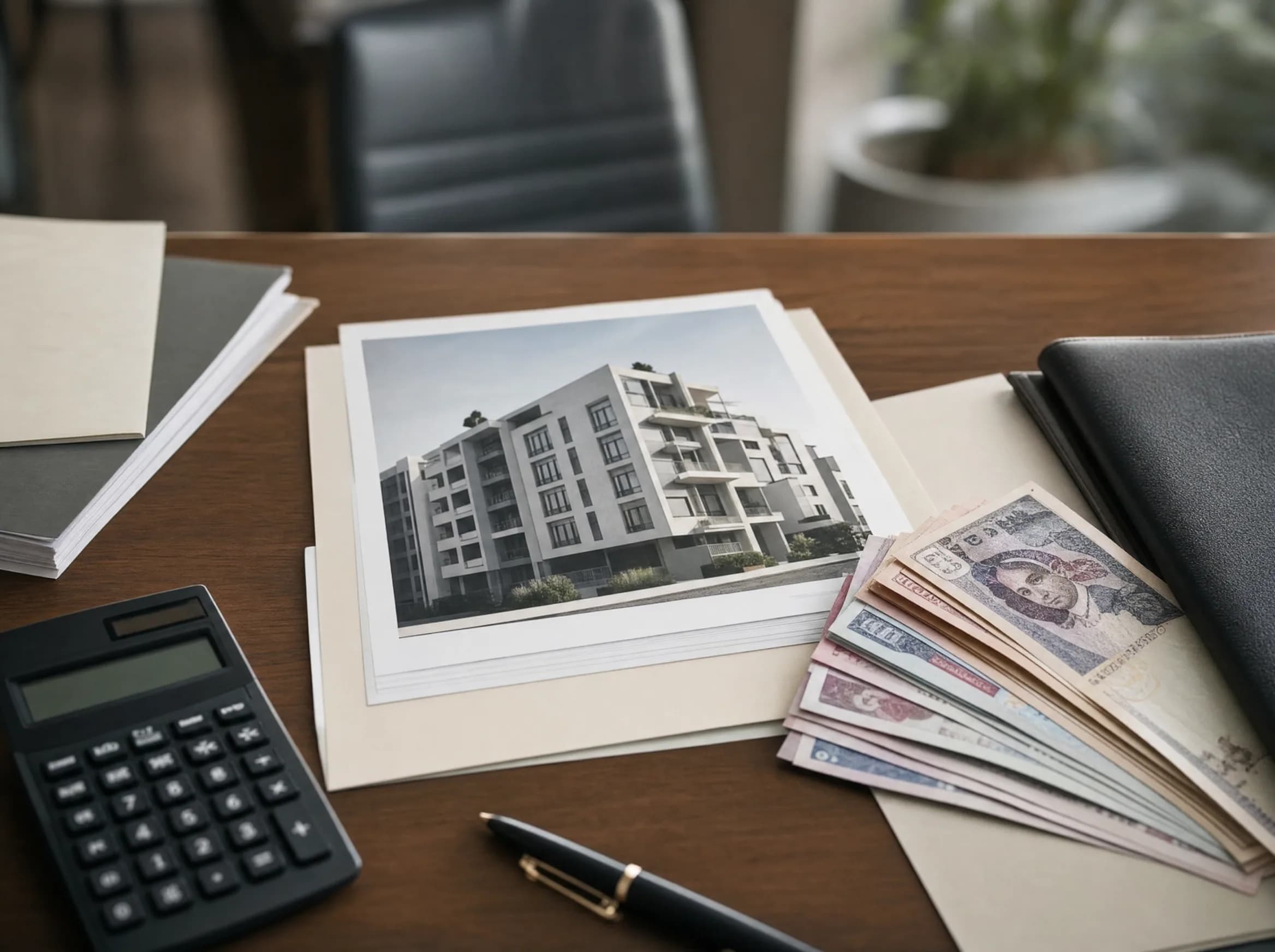 Documentos legales de compra de apartamento con calculadora y billetes dominicanos, ilustrando el proceso de evaluación financiera en bienes raíces