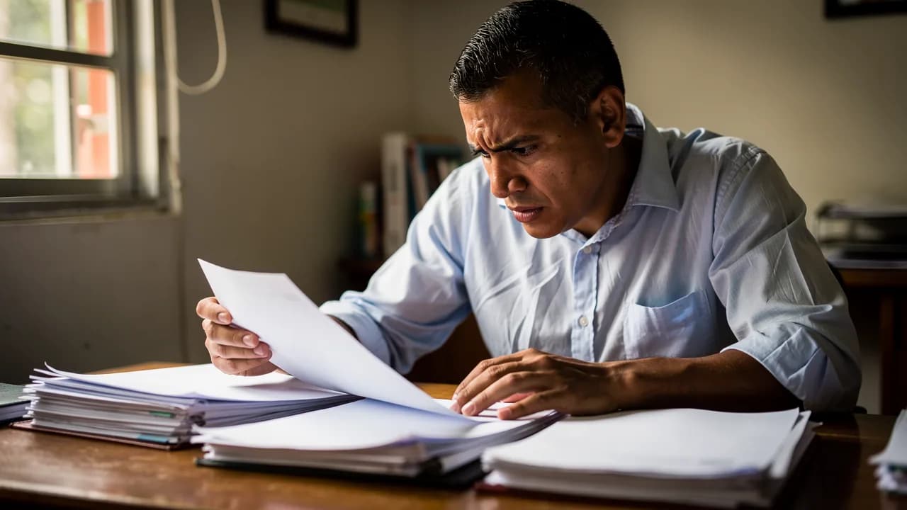 Hombre dominicano revisando documentos de propiedad con expresión preocupada en oficina inmobiliaria, representando la importancia de entender las regulaciones de franja marítima antes de comprar