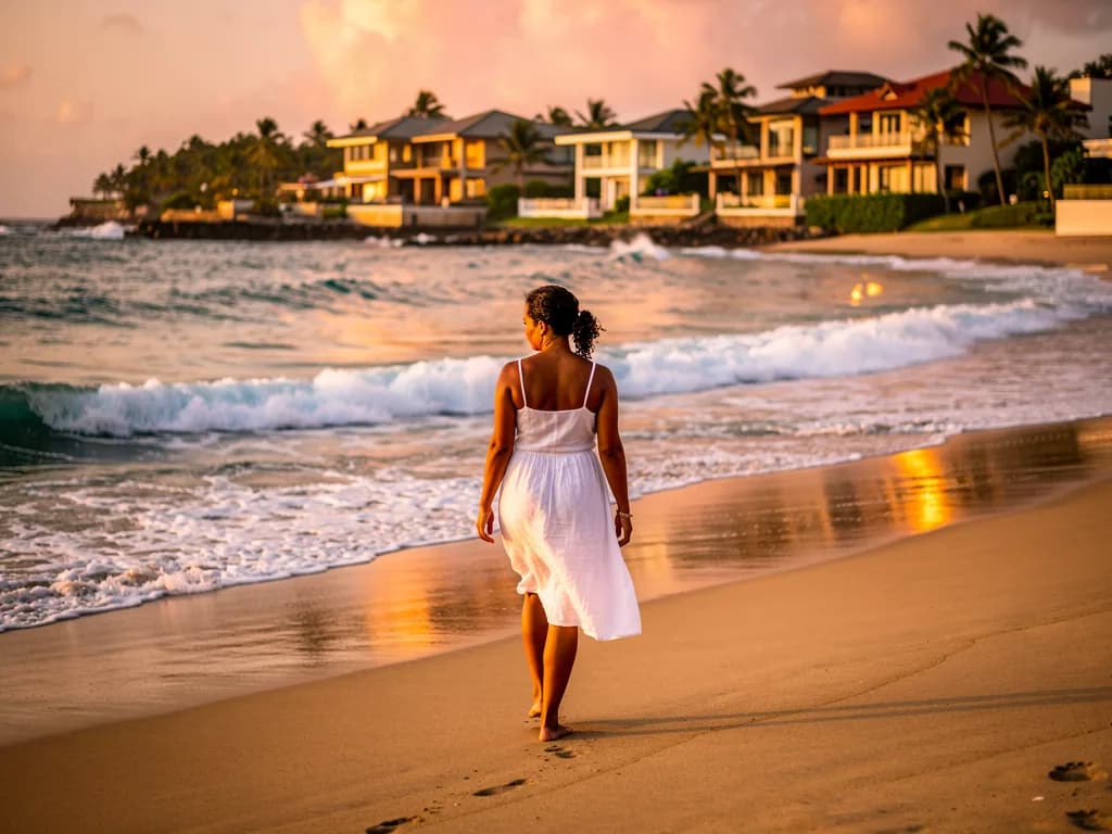 Mujer caminando por la playa de Las Terrenas observando villas frente al mar, ilustrando la zona de franja marítima y las propiedades costeras que pueden estar afectadas por las regulaciones