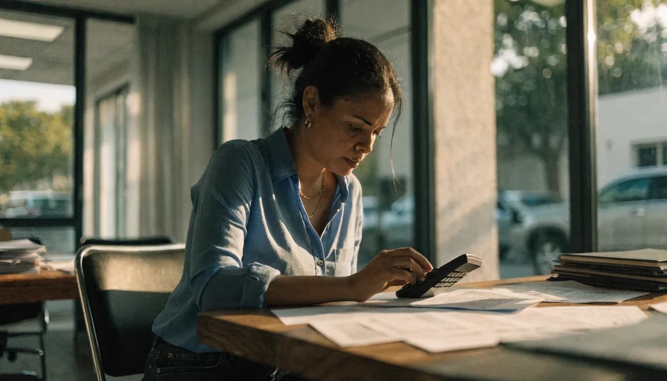 Mujer dominicana revisando documentos y calculando gastos de condominio en oficina inmobiliaria