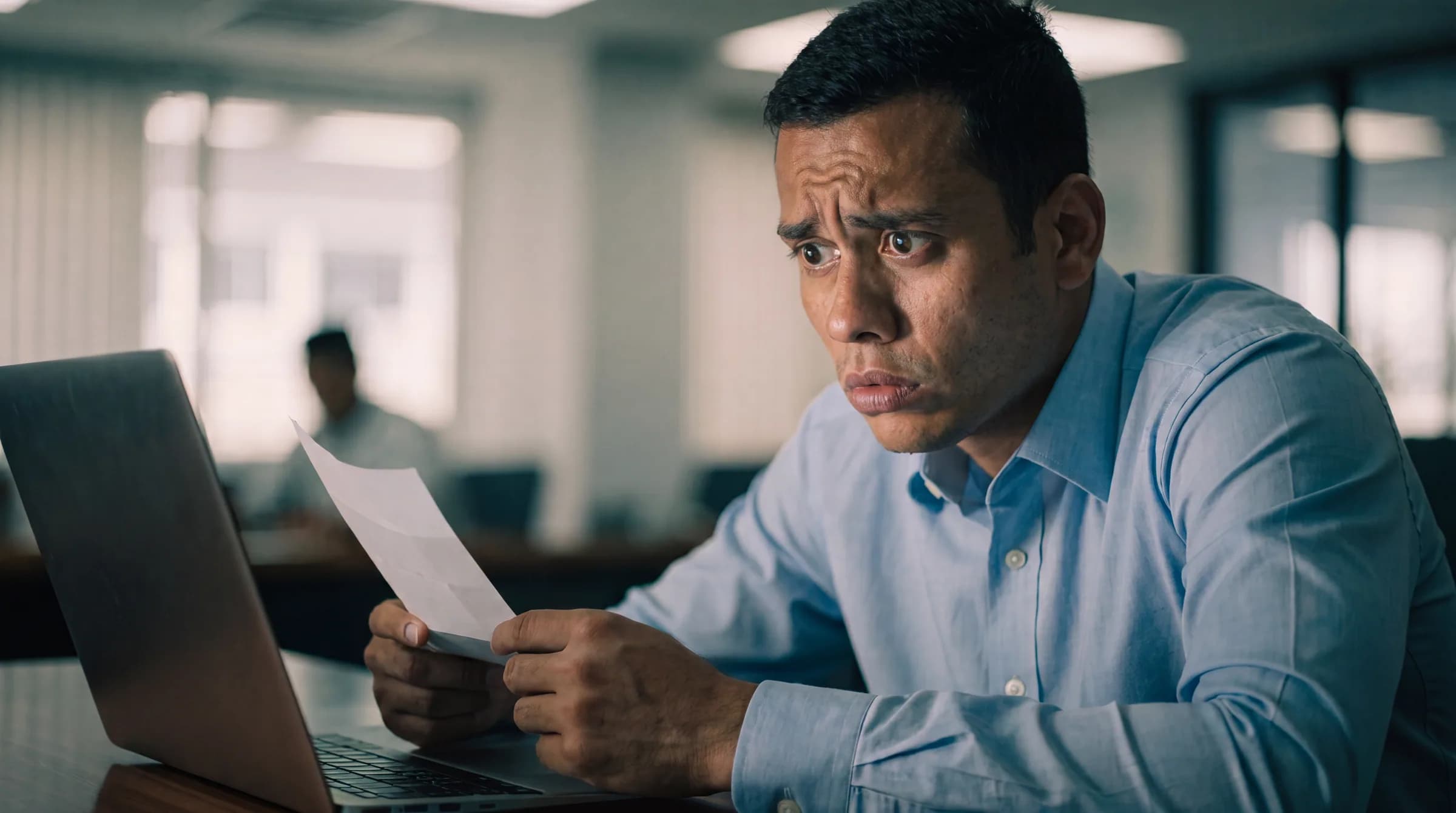 Hombre dominicano de mediana edad revisando documentos bancarios en oficina, mostrando preocupación por rechazo de hipoteca