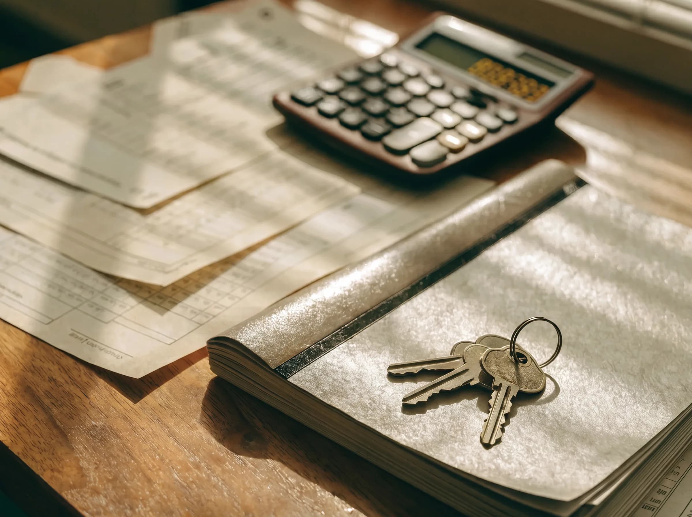 Calculadora sobre documentos hipotecarios con llaves de casa, representando el cálculo de capacidad de endeudamiento