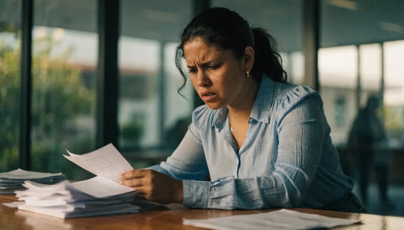 Mujer dominicana revisando documentos inmobiliarios con expresión preocupada en oficina de bienes raíces en Piantini