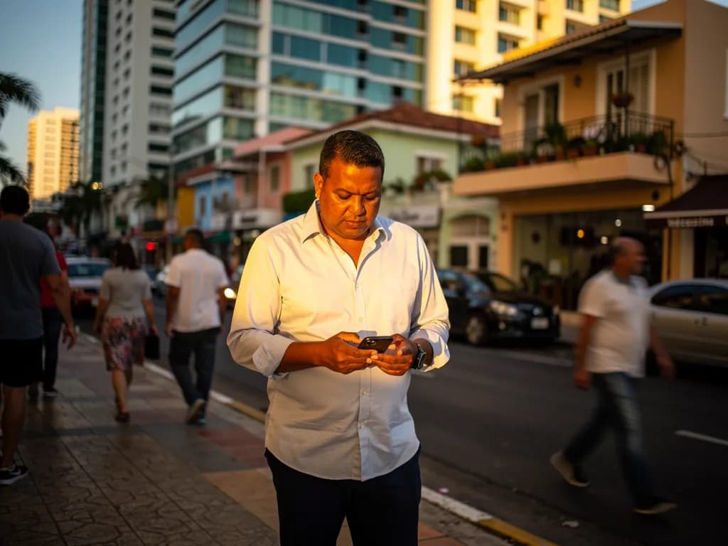 Hombre dominicano revisando información de propiedades en su teléfono mientras camina por las calles de Piantini, representando al comprador que investiga desde el exterior