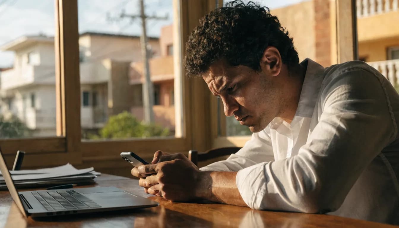 Hombre dominicano revisando información en su teléfono con expresión preocupada antes de realizar una transferencia de dinero