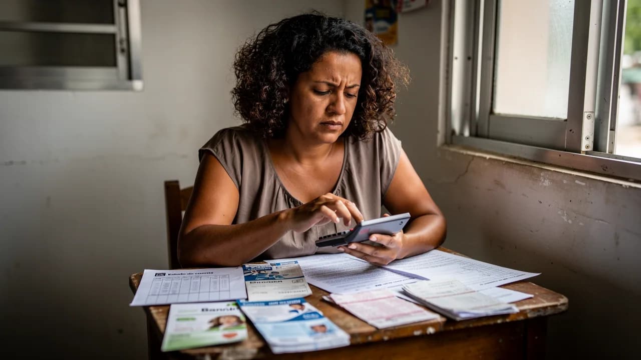 Mujer dominicana de clase media revisando documentos financieros y calculadora en su apartamento, representando el proceso de planificación para comprar primera vivienda