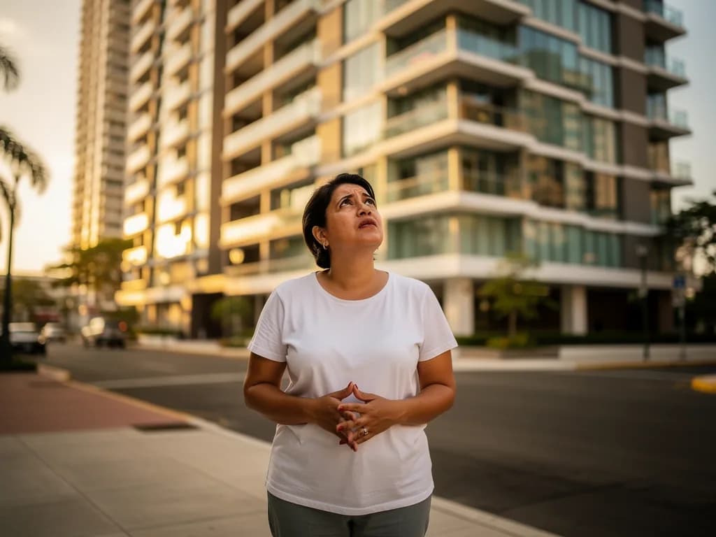 Compradora primeriza dominicana observando edificio residencial moderno con expresión de esperanza y nerviosismo, simbolizando el momento de decisión en la compra de primera vivienda