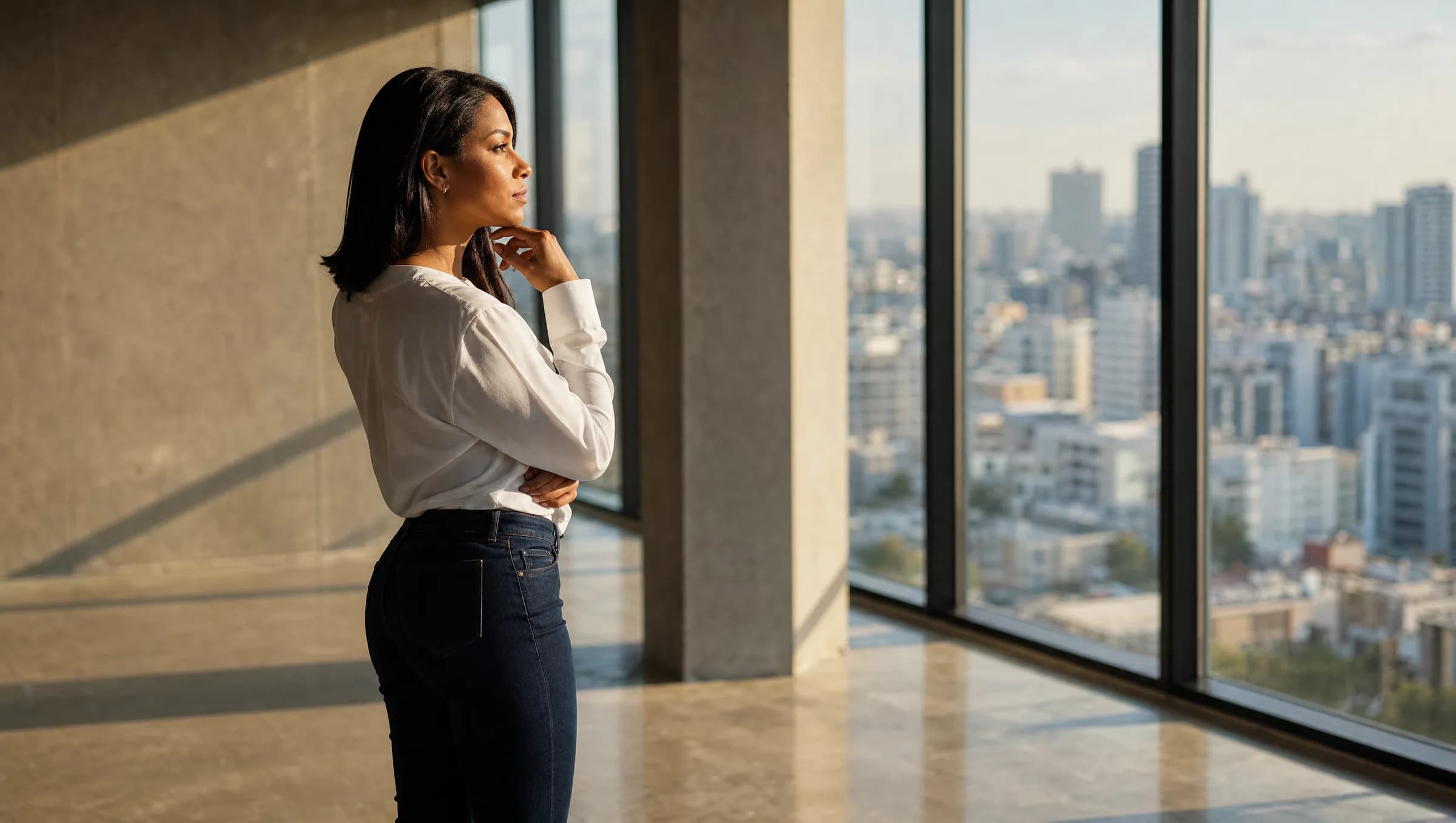 Mujer joven inspeccionando un apartamento moderno en Bella Vista con luz natural y vista de la ciudad al fondo
